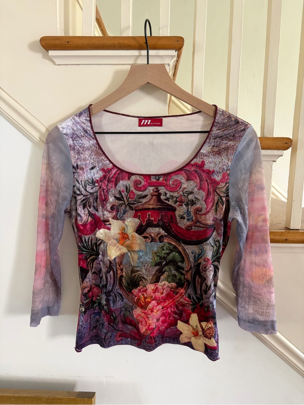 Late 1990s Y2K Vintage Floral Print Scoop Neck 3/4 Sleeve Velvet Top